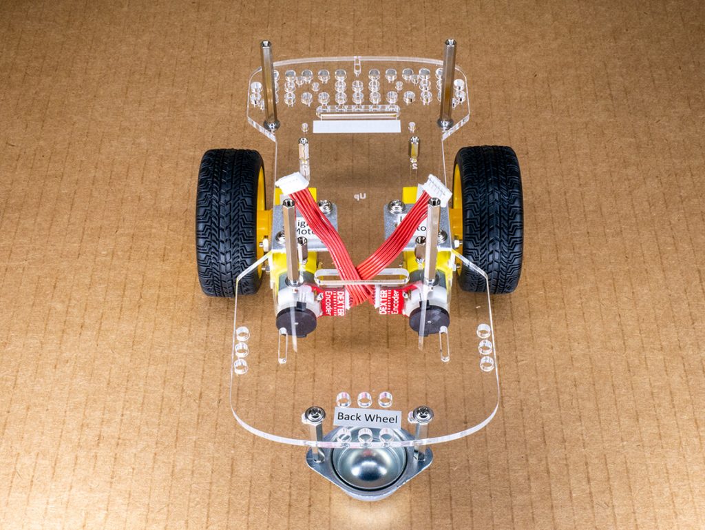 Goal for step 3 - attach motors, cables, wheels, and caster wheel.